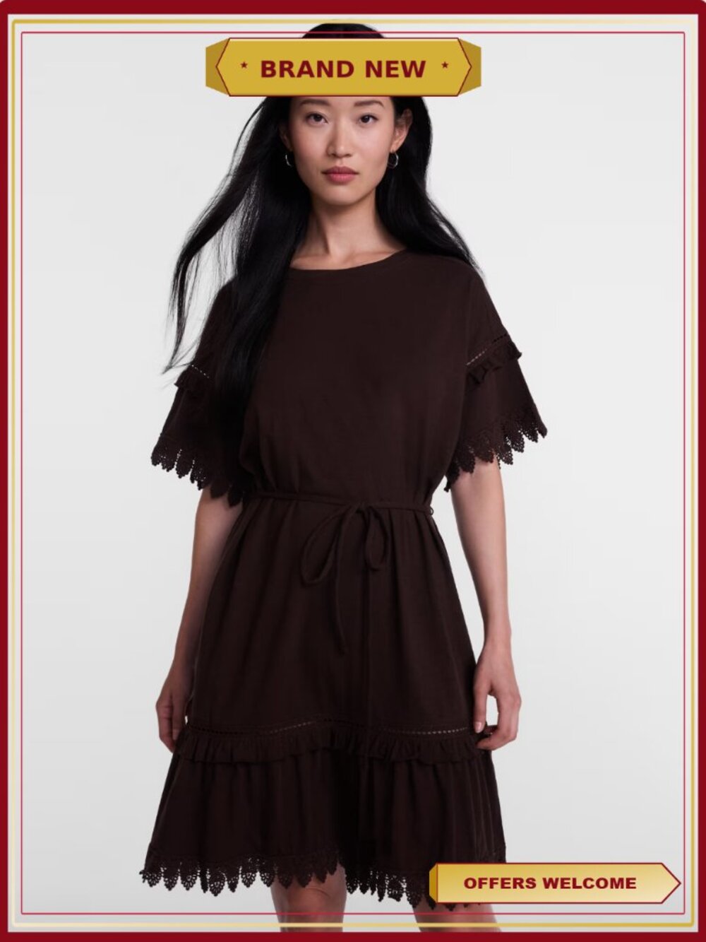 Lace Trim Knit Dress Short Sleeves Tie Waist Pullover